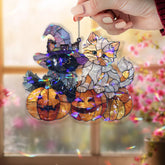 Halloween Cats Acrylic Suncatcher, Stained Glass Style Kittens with Pumpkins and Witch Hat, Cute Spooky Window Hanging Holiday Decor